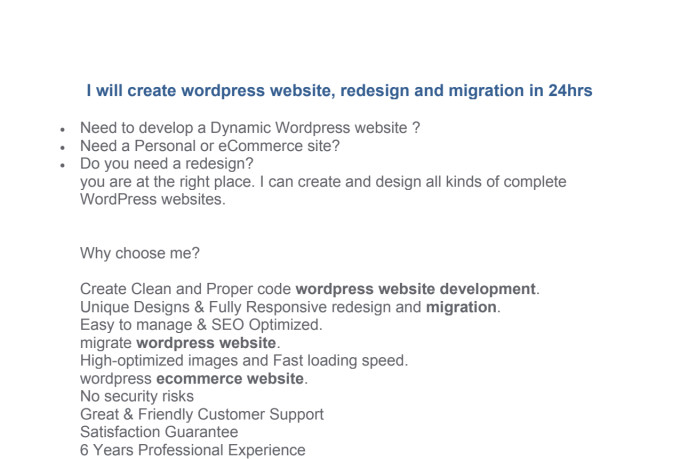 create wordpress website, redesign and migration in 24hrs